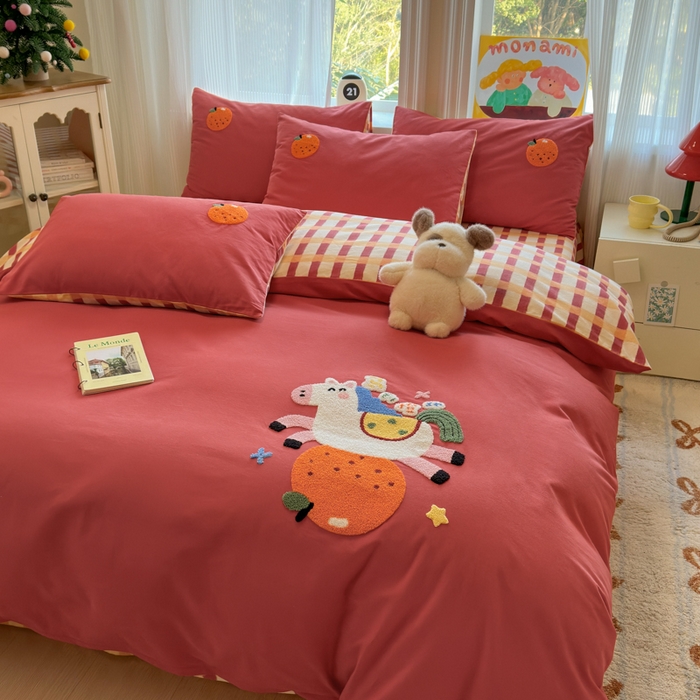 91家纺网 家纺一手货源 找家纺 如意朵 2025新款全棉加厚磨毛绣花四件套风格二（专版花型） 马到橙功