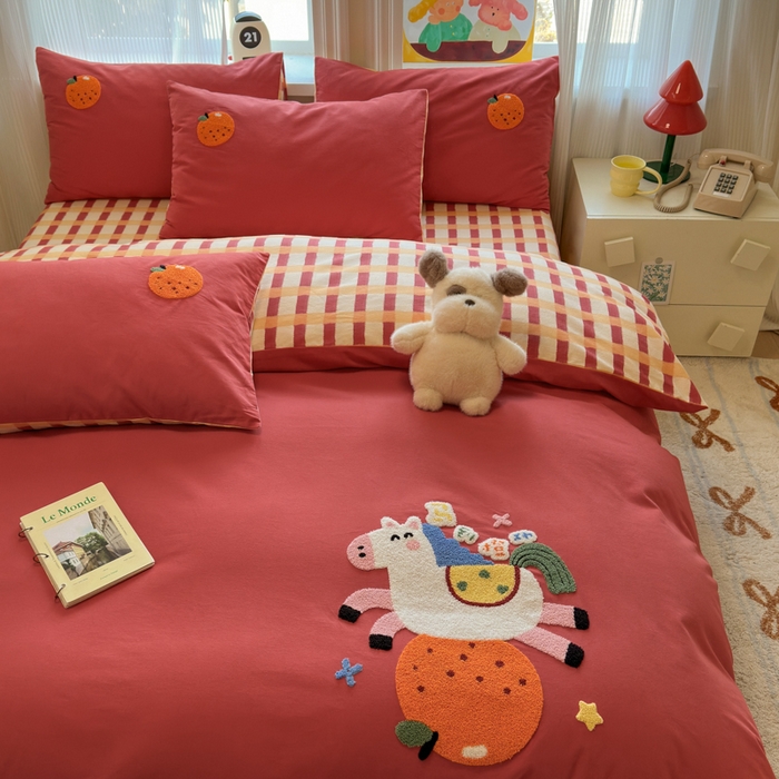 91家纺网 家纺一手货源 找家纺 如意朵 2025新款全棉加厚磨毛绣花四件套风格二（专版花型） 马到橙功