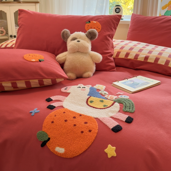 91家纺网 家纺一手货源 找家纺 如意朵 2025新款全棉加厚磨毛绣花四件套风格二（专版花型） 马到橙功