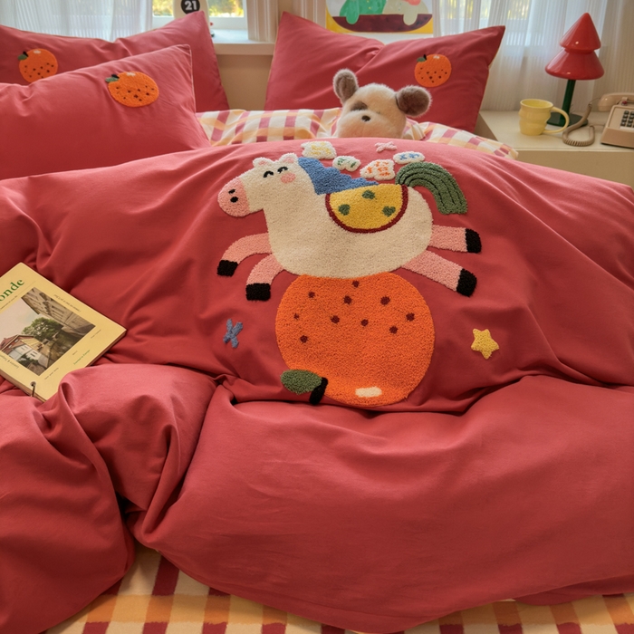 91家纺网 家纺一手货源 找家纺 如意朵 2025新款全棉加厚磨毛绣花四件套风格二（专版花型） 马到橙功