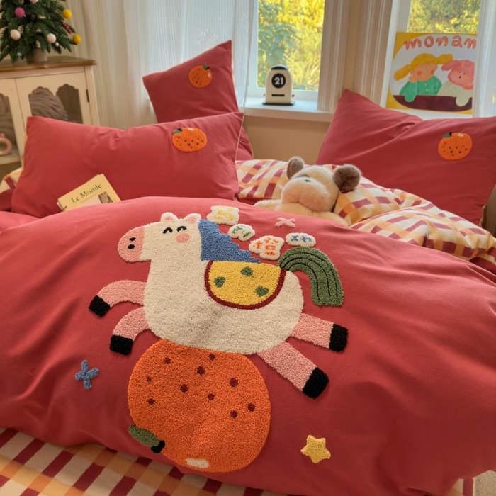 91家纺网 家纺一手货源 找家纺 如意朵 2025新款全棉加厚磨毛绣花四件套风格二（专版花型） 马到橙功