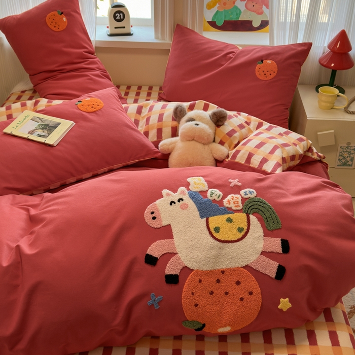 91家纺网 家纺一手货源 找家纺 如意朵 2025新款全棉加厚磨毛绣花四件套风格二（专版花型） 马到橙功