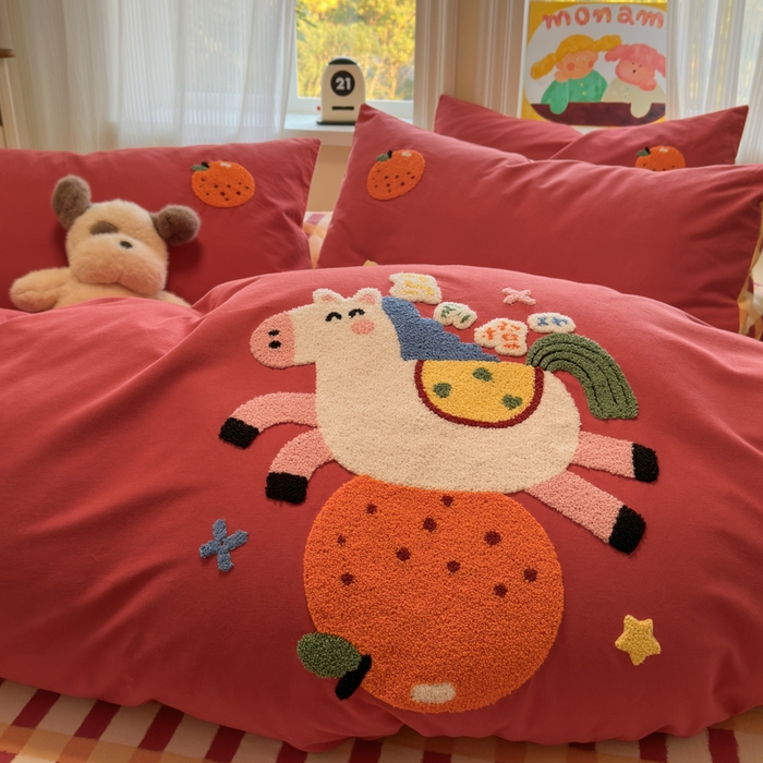 91家纺网 家纺一手货源 找家纺 如意朵 2025新款全棉加厚磨毛绣花四件套风格二（专版花型） 马到橙功