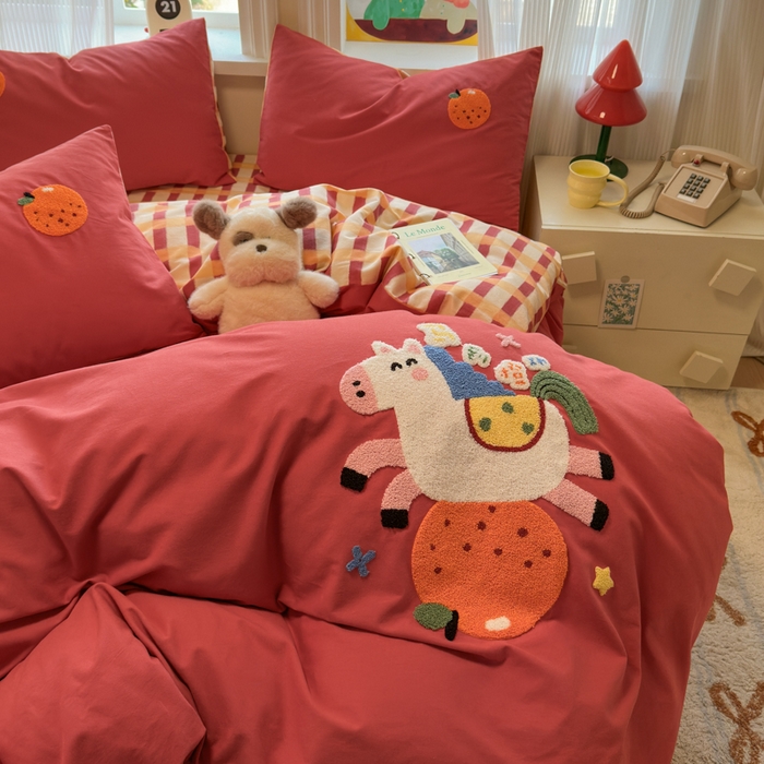 91家纺网 家纺一手货源 找家纺 如意朵 2025新款全棉加厚磨毛绣花四件套风格二（专版花型） 马到橙功