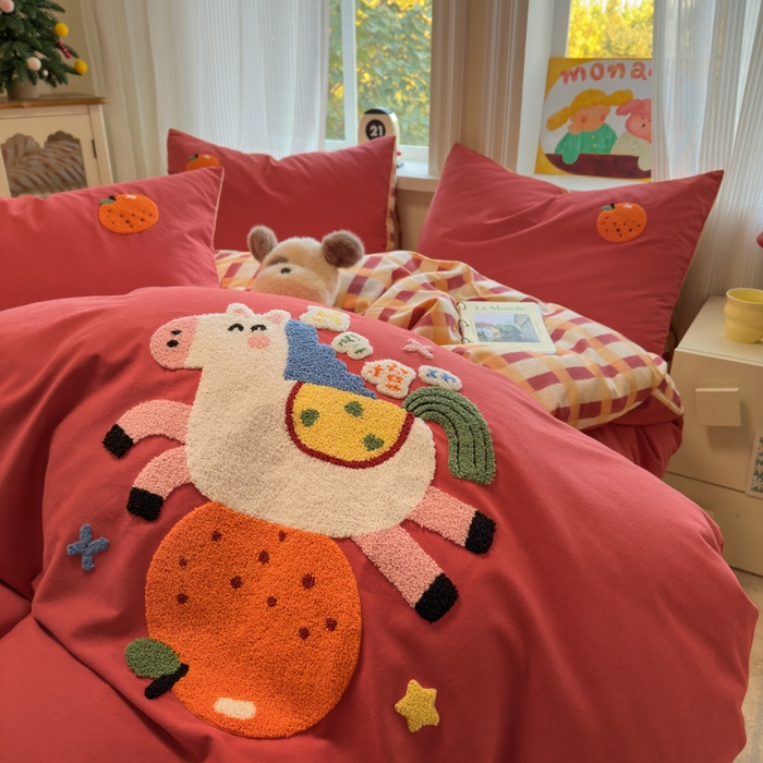 91家纺网 家纺一手货源 找家纺 如意朵 2025新款全棉加厚磨毛绣花四件套风格二（专版花型） 马到橙功