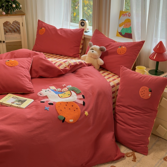 91家纺网 家纺一手货源 找家纺 如意朵 2025新款全棉加厚磨毛绣花四件套风格二（专版花型） 马到橙功