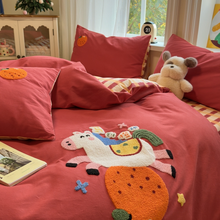 91家纺网 家纺一手货源 找家纺 如意朵 2025新款全棉加厚磨毛绣花四件套风格二（专版花型） 马到橙功