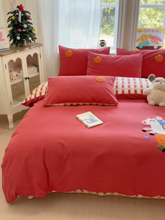 91家纺网 家纺一手货源 找家纺 如意朵 2025新款全棉加厚磨毛绣花四件套风格二（专版花型） 马到橙功