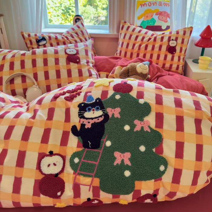 91家纺网 家纺一手货源 找家纺 如意朵 2025新款全棉加厚磨毛绣花四件套风格二（专版花型） 猫和树