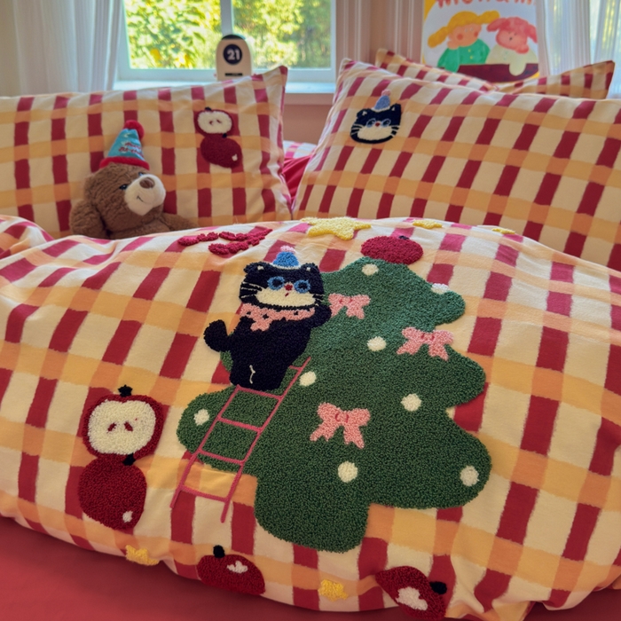 91家纺网 家纺一手货源 找家纺 如意朵 2025新款全棉加厚磨毛绣花四件套风格二（专版花型） 猫和树