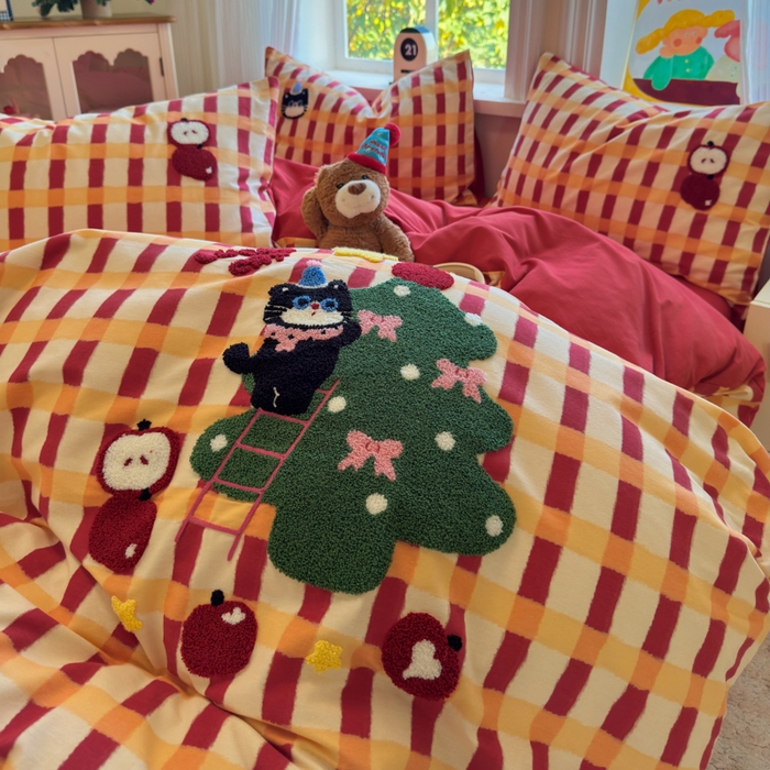 91家纺网 家纺一手货源 找家纺 如意朵 2025新款全棉加厚磨毛绣花四件套风格二（专版花型） 猫和树