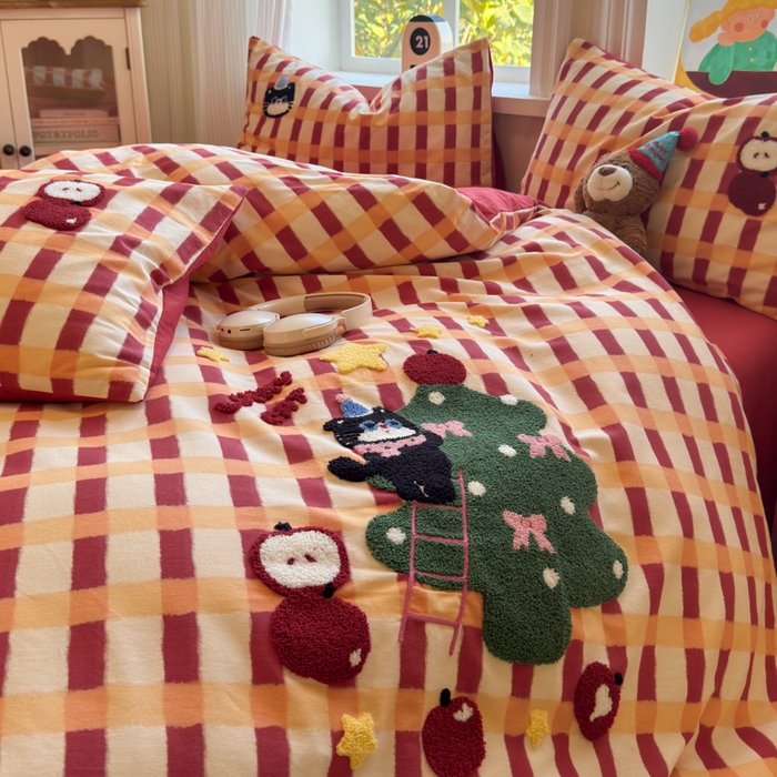 91家纺网 家纺一手货源 找家纺 如意朵 2025新款全棉加厚磨毛绣花四件套风格二（专版花型） 猫和树