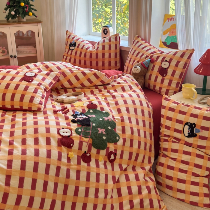 91家纺网 家纺一手货源 找家纺 如意朵 2025新款全棉加厚磨毛绣花四件套风格二（专版花型） 猫和树