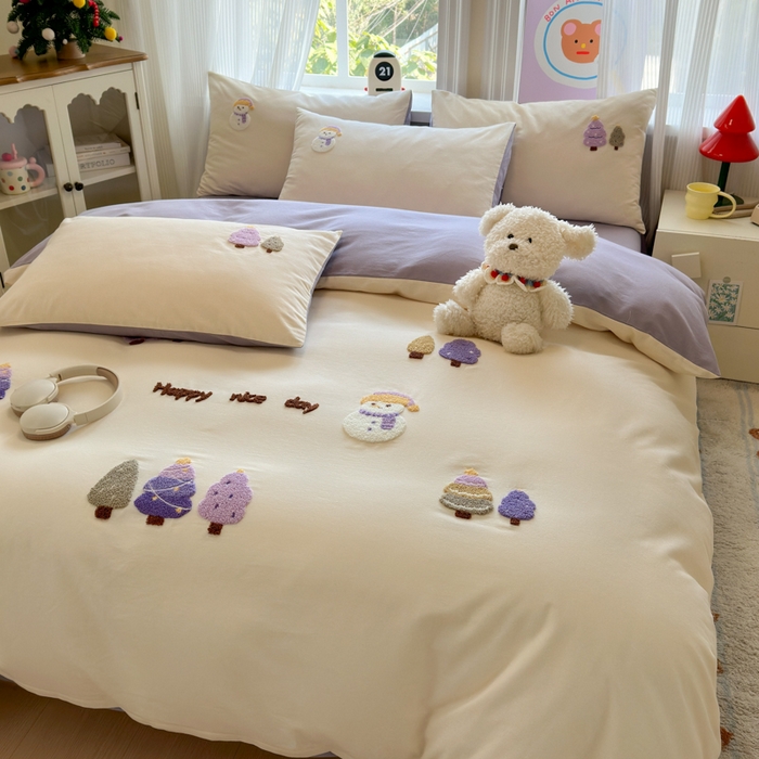 91家纺网 家纺一手货源 找家纺 如意朵 2025新款全棉加厚磨毛绣花四件套风格二（专版花型） 梦幻森林米