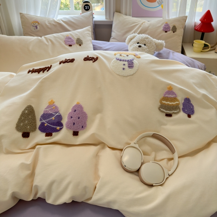 91家纺网 家纺一手货源 找家纺 如意朵 2025新款全棉加厚磨毛绣花四件套风格二（专版花型） 梦幻森林米