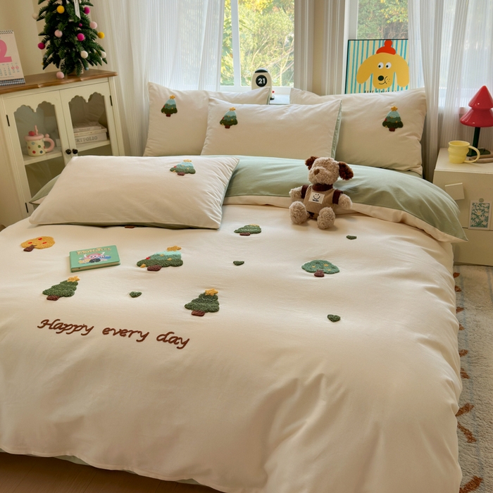 91家纺网 家纺一手货源 找家纺 如意朵 2025新款全棉加厚磨毛绣花四件套风格二（专版花型） 圣诞心语