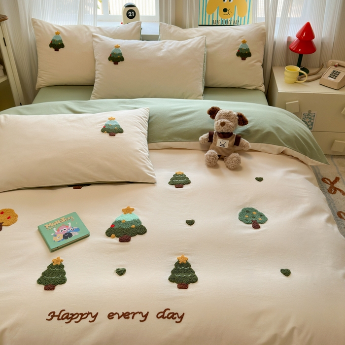 91家纺网 家纺一手货源 找家纺 如意朵 2025新款全棉加厚磨毛绣花四件套风格二（专版花型） 圣诞心语