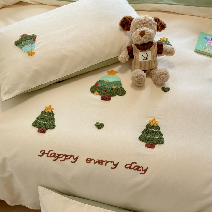 91家纺网 家纺一手货源 找家纺 如意朵 2025新款全棉加厚磨毛绣花四件套风格二（专版花型） 圣诞心语