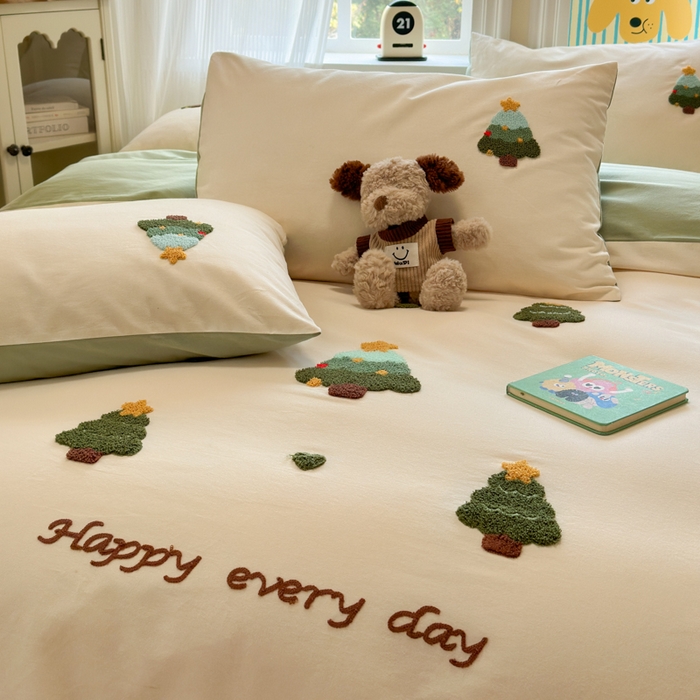 91家纺网 家纺一手货源 找家纺 如意朵 2025新款全棉加厚磨毛绣花四件套风格二（专版花型） 圣诞心语