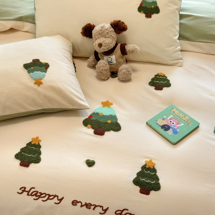 91家纺网 家纺一手货源 找家纺 如意朵 2025新款全棉加厚磨毛绣花四件套风格二（专版花型） 圣诞心语