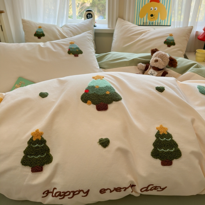 91家纺网 家纺一手货源 找家纺 如意朵 2025新款全棉加厚磨毛绣花四件套风格二（专版花型） 圣诞心语