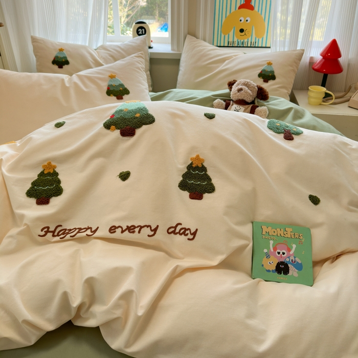 91家纺网 家纺一手货源 找家纺 如意朵 2025新款全棉加厚磨毛绣花四件套风格二（专版花型） 圣诞心语