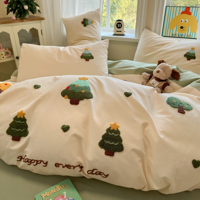 91家纺网 家纺一手货源 找家纺 如意朵 2025新款全棉加厚磨毛绣花四件套风格二（专版花型） 圣诞心语