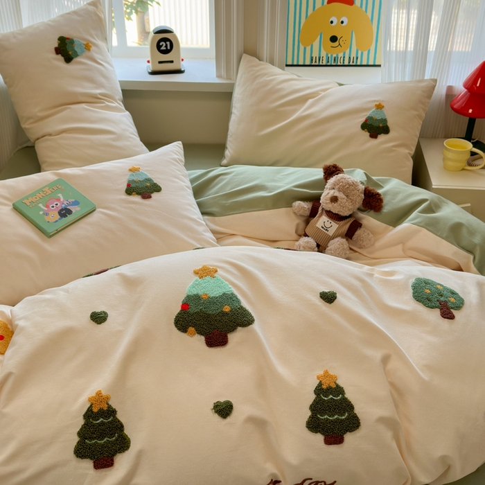 91家纺网 家纺一手货源 找家纺 如意朵 2025新款全棉加厚磨毛绣花四件套风格二（专版花型） 圣诞心语