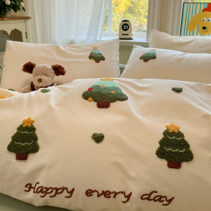 91家纺网 家纺一手货源 找家纺 如意朵 2025新款全棉加厚磨毛绣花四件套风格二（专版花型） 圣诞心语