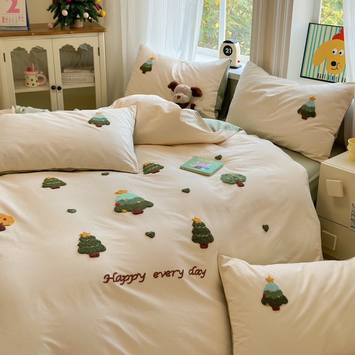 91家纺网 家纺一手货源 找家纺 如意朵 2025新款全棉加厚磨毛绣花四件套风格二（专版花型） 圣诞心语