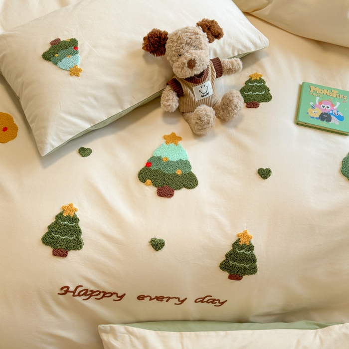 91家纺网 家纺一手货源 找家纺 如意朵 2025新款全棉加厚磨毛绣花四件套风格二（专版花型） 圣诞心语