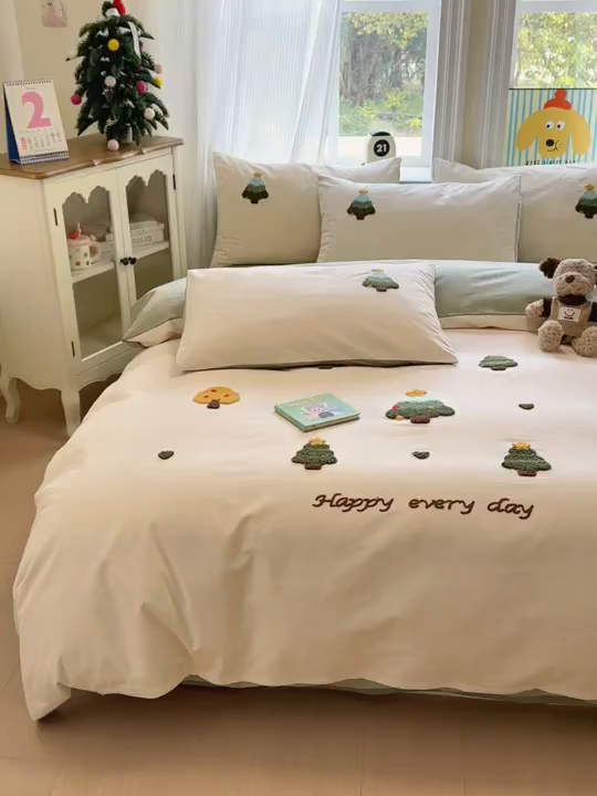 91家纺网 家纺一手货源 找家纺 如意朵 2025新款全棉加厚磨毛绣花四件套风格二（专版花型） 圣诞心语