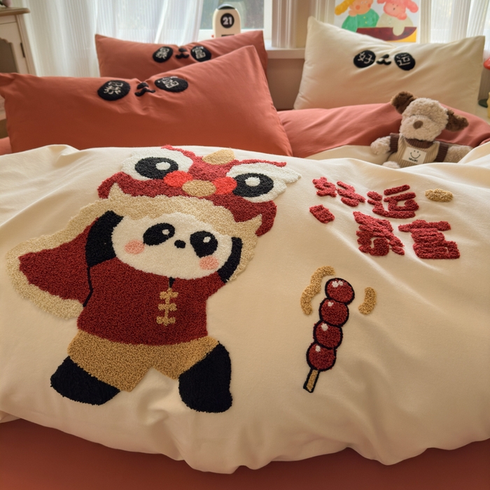 91家纺网 家纺一手货源 找家纺 如意朵 2025新款全棉加厚磨毛绣花四件套风格二（专版花型） 狮来运转