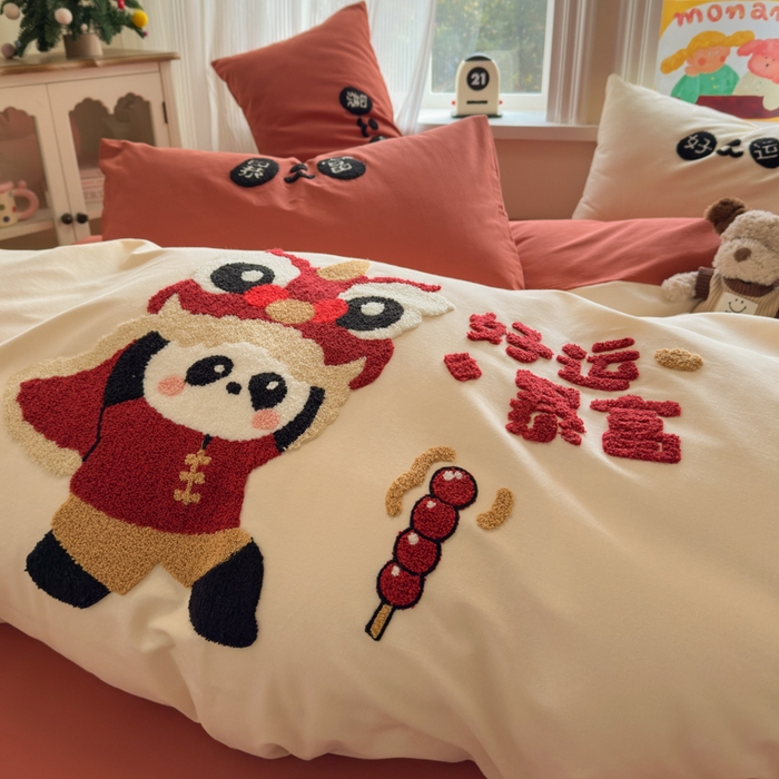 91家纺网 家纺一手货源 找家纺 如意朵 2025新款全棉加厚磨毛绣花四件套风格二（专版花型） 狮来运转