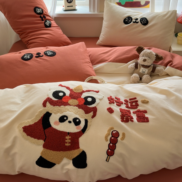 91家纺网 家纺一手货源 找家纺 如意朵 2025新款全棉加厚磨毛绣花四件套风格二（专版花型） 狮来运转