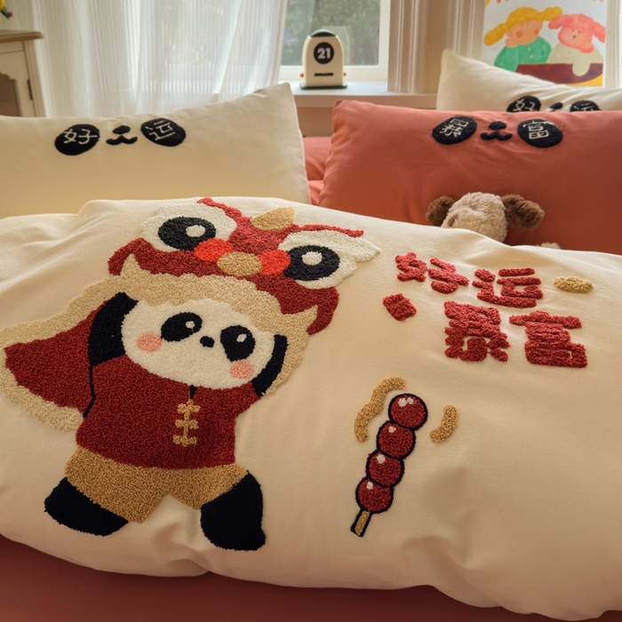 91家纺网 家纺一手货源 找家纺 如意朵 2025新款全棉加厚磨毛绣花四件套风格二（专版花型） 狮来运转