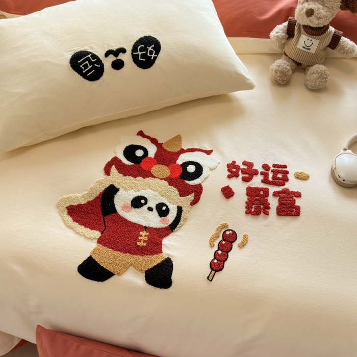 91家纺网 家纺一手货源 找家纺 如意朵 2025新款全棉加厚磨毛绣花四件套风格二（专版花型） 狮来运转