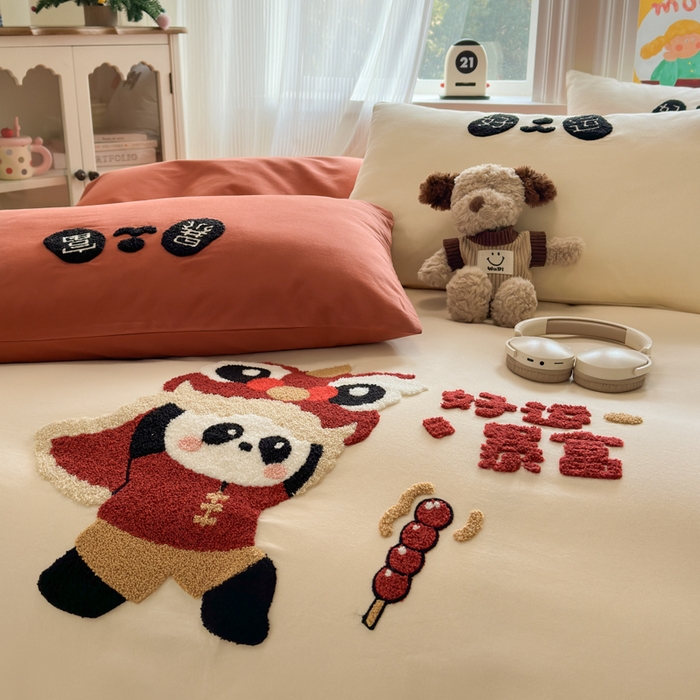 91家纺网 家纺一手货源 找家纺 如意朵 2025新款全棉加厚磨毛绣花四件套风格二（专版花型） 狮来运转