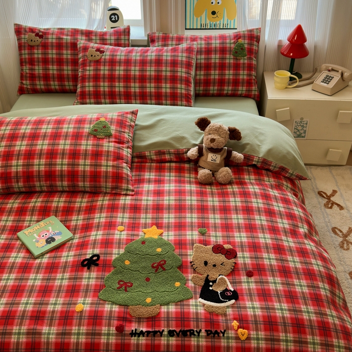 91家纺网 家纺一手货源 找家纺 如意朵 2025新款全棉加厚磨毛绣花四件套风格二（专版花型） 时尚猫咪