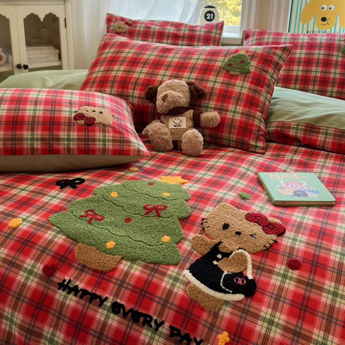 91家纺网 家纺一手货源 找家纺 如意朵 2025新款全棉加厚磨毛绣花四件套风格二（专版花型） 时尚猫咪