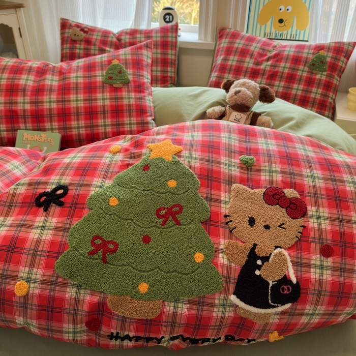 91家纺网 家纺一手货源 找家纺 如意朵 2025新款全棉加厚磨毛绣花四件套风格二（专版花型） 时尚猫咪