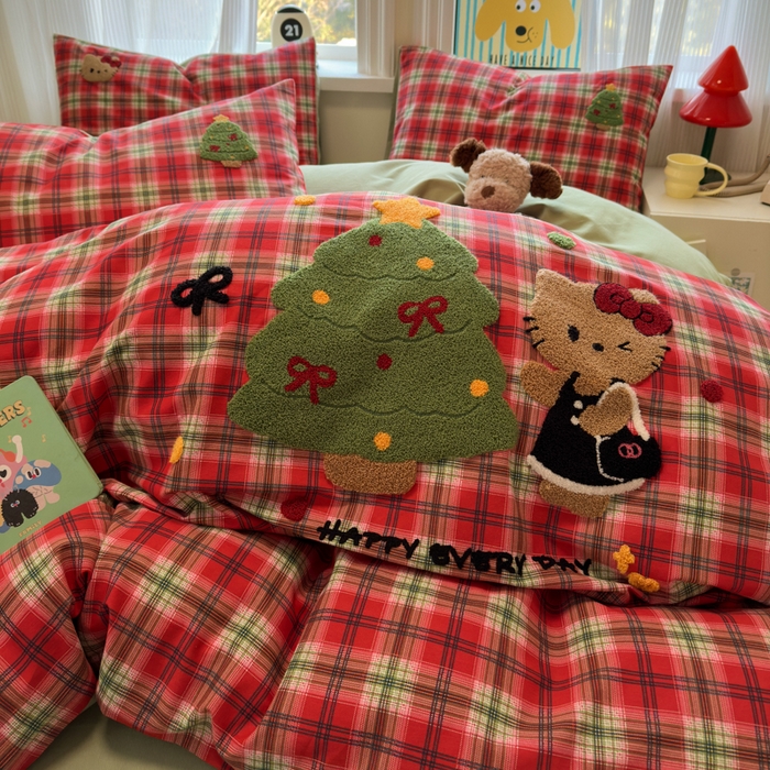 91家纺网 家纺一手货源 找家纺 如意朵 2025新款全棉加厚磨毛绣花四件套风格二（专版花型） 时尚猫咪