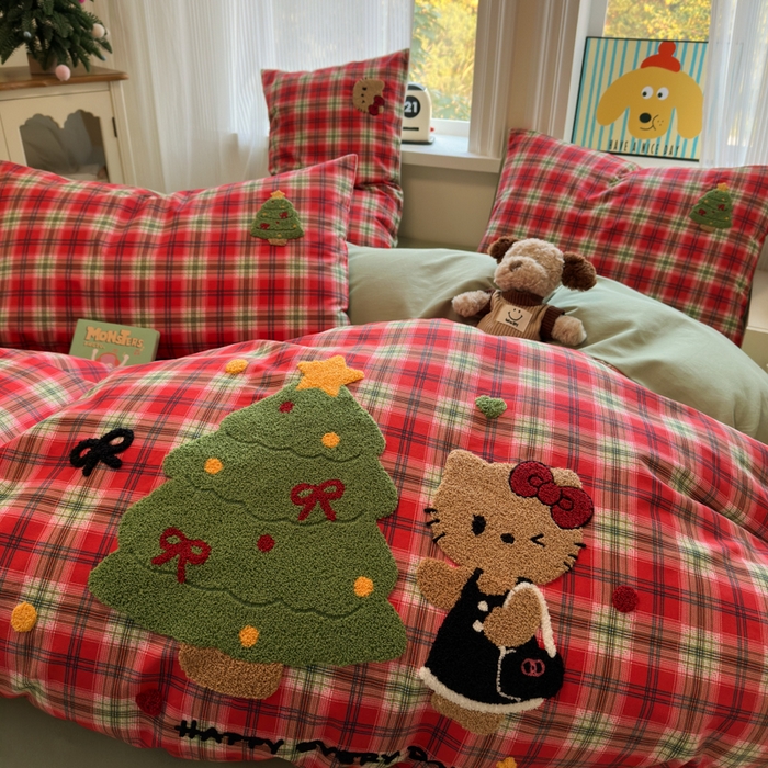 91家纺网 家纺一手货源 找家纺 如意朵 2025新款全棉加厚磨毛绣花四件套风格二（专版花型） 时尚猫咪