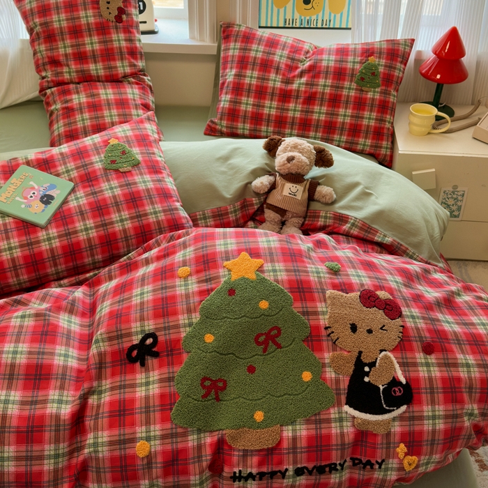 91家纺网 家纺一手货源 找家纺 如意朵 2025新款全棉加厚磨毛绣花四件套风格二（专版花型） 时尚猫咪