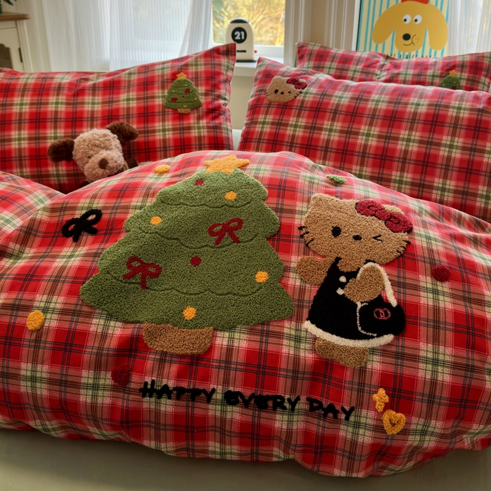 91家纺网 家纺一手货源 找家纺 如意朵 2025新款全棉加厚磨毛绣花四件套风格二（专版花型） 时尚猫咪