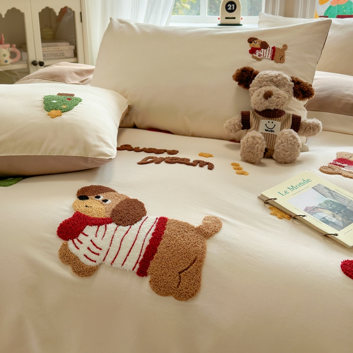 91家纺网 家纺一手货源 找家纺 如意朵 2025新款全棉加厚磨毛绣花四件套风格二（专版花型） 甜心狗狗