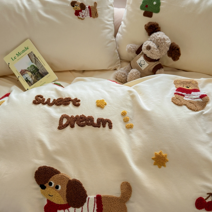 91家纺网 家纺一手货源 找家纺 如意朵 2025新款全棉加厚磨毛绣花四件套风格二（专版花型） 甜心狗狗