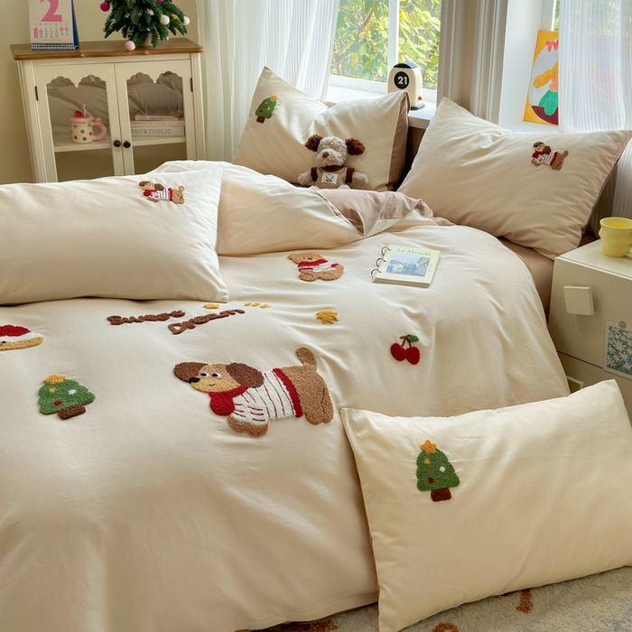 91家纺网 家纺一手货源 找家纺 如意朵 2025新款全棉加厚磨毛绣花四件套风格二（专版花型） 甜心狗狗