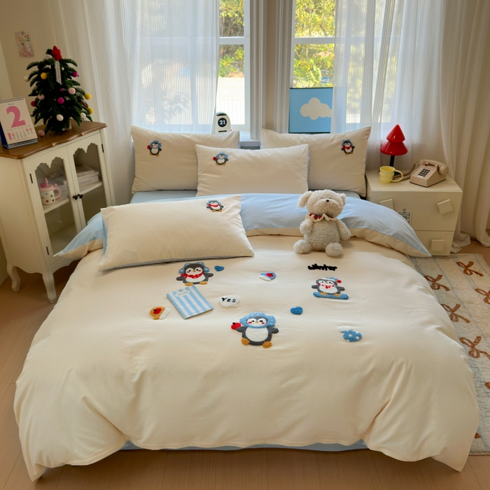 如意朵 2025新款全棉加厚磨毛绣花四件套风格二（专版花型） 追梦企鹅米