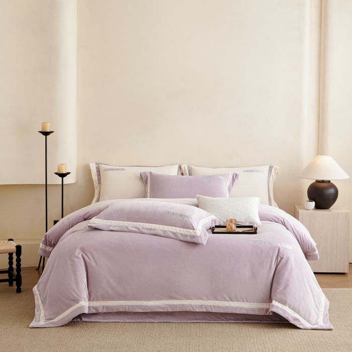 淼铭家纺 2025秋冬新款婴肤绒双拼绣花四件套-雅韵系列 雅韵紫